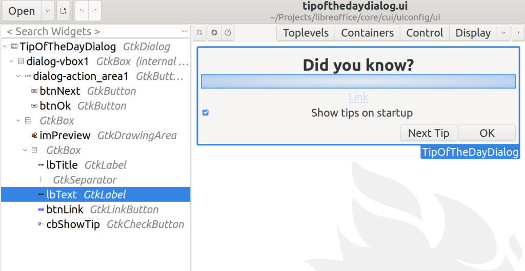 tipofthedaydialog.ui in Glade user interface designer